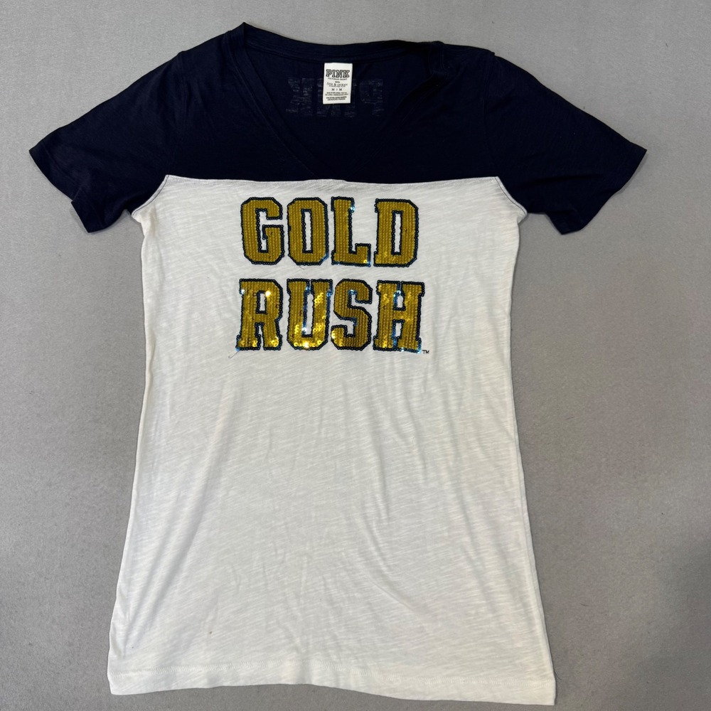 PINK Victoria's Secret T-Shirt Women Medium White Navy Gold Rush Sequin V-Neck